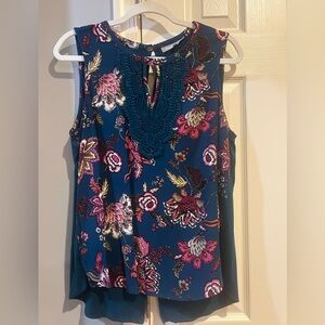 Daniel Rainn Quinn Keyhole Crochet Teal and Pink Floral Blouse Top